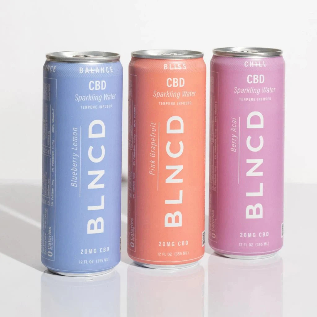 BLNCD CBD Sparkling Waters 20mg – Bliss (Pink Grapefruit), Balance (Blueberry Lemon), Chill (Berry Acai) 6-Pack Variety