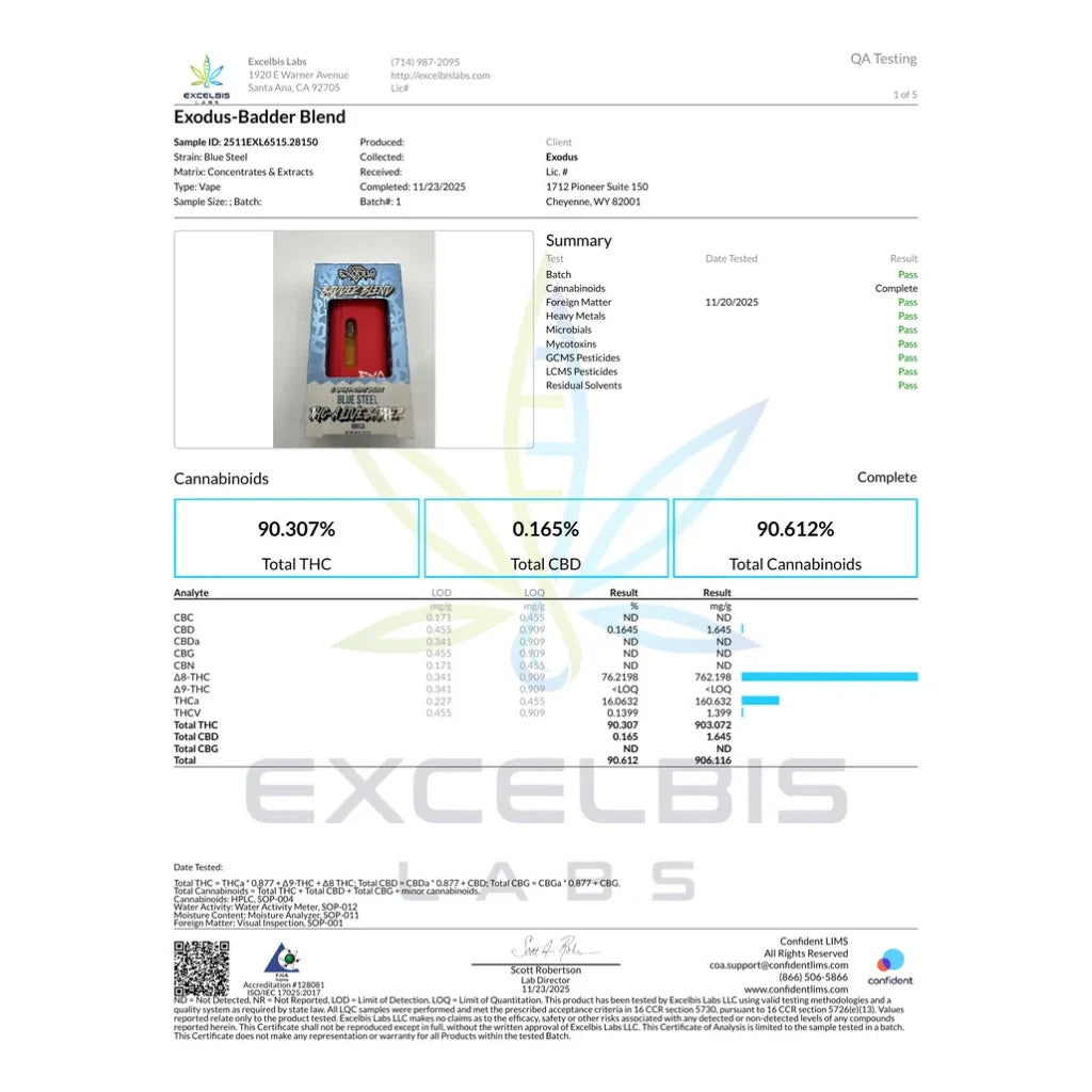 Exodus 5g Badder Blend Disposable – Blue Steel COA