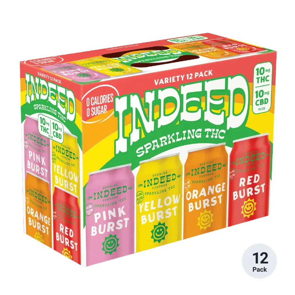 Indeed Brewing Double High Fiver THC + CBD Sparkling Drinks 12-Pack – Red Burst, Yellow Burst, Orange Burst, Pink Burst (10mg THC + 10mg CBD)